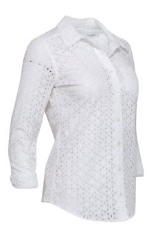 Summer just got a whole lot cooler with this white eyelet button up shirt from Equipment. Versatile and stylish, pair it with your favorite jeans or shorts and sandals for a casual yet chic look. A must-have for your summer wardrobe! Size XS 100% Cotton Unlined Button front Collar neckline Eyelet detail Bust 35" Waist 34" Shoulder to hem 25.5" Sleeve length (cuffed) 19" White Eyelet Blouse For Summer, White Button-up Blouse With Hidden Buttons, White Button-up Eyelet Blouse, Summer Eyelet V-neck Blouse, White Eyelet Button-up Blouse, White Shirt With 3/4 Sleeves And Button Closure, White 3/4 Sleeve Top With Button Closure, Buy Shoes Online, White Eyelet