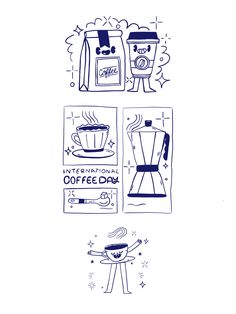 an image of coffee related items in the process of being drawn by hand on paper