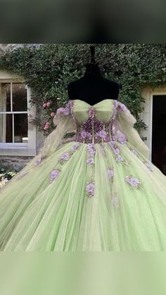 Enchanted Themed Dress, Green And Purple Quince Dress, Green And Purple Quinceanera Dresses, Fairy Quinceanera Dress, Light Green Wedding Dress, Light Green Quinceanera Dresses, Floral Quinceanera Dress, Unique Quinceanera Dresses, Green Ball Gown