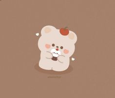 a white teddy bear with an apple on its head sitting in front of a brown background