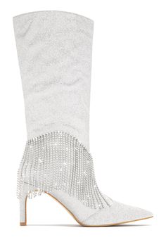 Shop Silver Embellished Fringe Knee High Boots at MISSLOLA.COM White Heel Boots, Shoe Model, Festival Shoes, Miss Lola, Cute Nikes, White Boots, Gold Heels, Slides Shoes, Flat Espadrilles