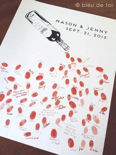 a wine bottle is being drawn on a piece of paper with the words mason and jenny written in red ink