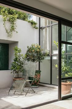 two lawn chairs sitting on top of a patio next to potted plants and windows