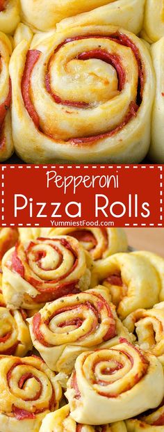 several different types of pizza rolls stacked on top of each other with the words pepperoni pizza rolls