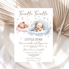 a baby shower card with a teddy bear sleeping on a cloud and stars in the sky