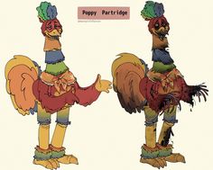 an image of two cartoon birds dressed up like poppy partridges with hats and scarves