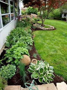 a garden with lots of plants and rocks in the ground next to a house on a sunny day