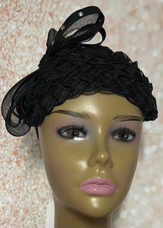 Black braided hat accented with rhinestones, bows and crinoline. The hat affixes to head by hat string. Measures approximately 10.5 x 7.5 inches. Handmade Gifts for mom, sister, wife, or yourself. SHIPPING All items for free shipping will be shipped via USPS FIRST CLASS MAIL. Evening Hat With Ribbon And Curved Brim, Elegant Adjustable Hat With Bow, Elegant Adjustable Bow Hair Accessories, Formal Adjustable Ribbon Hair Accessories, Party Hat With Ribbon And Short Brim, Party Hats With Ribbon And Short Brim, Party Fascinator With Ribbon, Evening Hat With Ribbon For Royal Ascot, Evening Hats With Ribbon For Royal Ascot