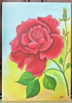 a painting of a red rose with green leaves