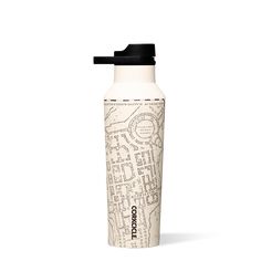 a white and black water bottle with a map on the side, in front of a white background