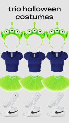 three different costumes with green and blue tutues, one in the shape of a frog