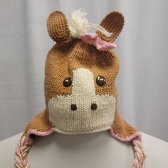 young colors Horse Fleece Lined Hat - Brown Baby Pink Peruvian Sweater, Peruvian Sweaters, Braided Tassels, Kids Head, Brown Babies, Pink Trim, All Kids, Baby Size, Sweater Knit