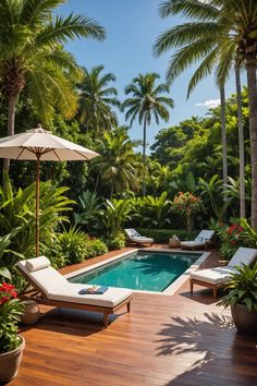 an outdoor swimming pool surrounded by palm trees and flowers with chaise lounge chairs around it