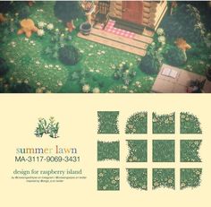 an aerial view of a small log cabin in the middle of a green field with trees and flowers