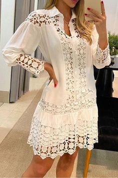 Chasing Love Guipure Lace Patch Shirt Dress Mint Green Fashion, Shirt Collar Styles, Patch Shirt, Lace Splicing, Guipure Lace, Vestidos Vintage, Vestido Casual, White Shirt Dress, Mini Shirt Dress