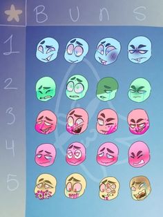 a bunch of different colored faces on a blue and purple background with numbers in the middle