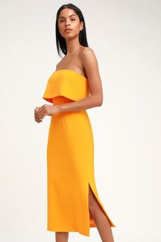 Find a Trendy Women's Yellow Dress to Light Up a Room | Affordable, Stylish Yellow Cocktail Dresses and Formal Gowns Yellow Strapless Dress, Womens Yellow Dress, Cocktail Dress Yellow, Yellow Midi Dress, Strapless Midi Dress, Cocktail Party Dress, Lulu Dresses, Yellow Fashion, Mellow Yellow