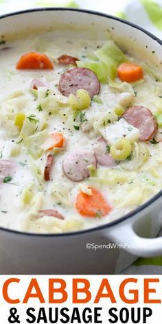 cabbage and sausage soup in a white bowl