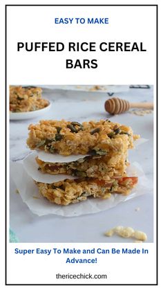 the recipe for puffed rice cereal bars is shown with text overlaying it