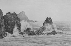 a pencil drawing of some rocks in the water