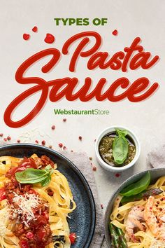 two plates of pasta with sauce and herbs on the side, next to an advertisement for types of pasta sauce