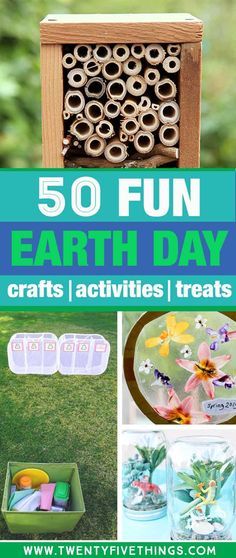 the words 50 fun earth day crafts and activities for kids to do with their hands