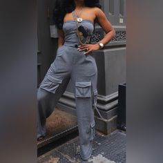 Grey Strapless Cargo Jumpsuit New Without Tag Size Med Retails $99 Strapless Romper Outfit, Cargo Jumpsuit, Strapless Romper, Makeup Makeover, Romper Outfit, Celebrity Outfits, Pant Jumpsuit, Jumpsuit Romper, Night Out