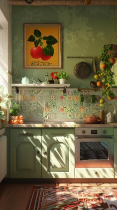 a kitchen with an oven, sink and potted plants on the counter top in front of it