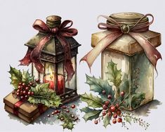 two christmas lanterns with bows and holly