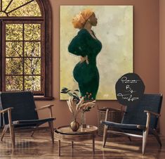 a painting of a woman in a green dress is on the wall next to two chairs