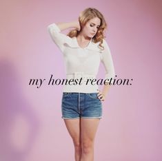 a woman standing in front of a pink background with the words, my honest reaction