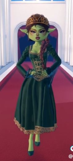 an animated image of a woman in a green dress and tiara standing on a red carpet