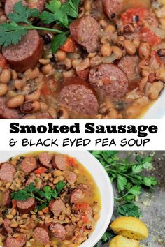 two pictures showing different types of sausage and black eyed pea soup