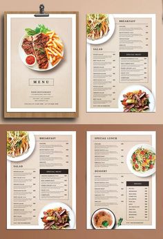 three different menus with food on them