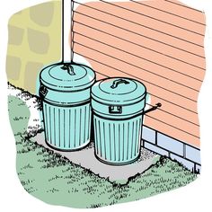 two trash cans sitting in front of a wooden fence with grass on the ground next to it