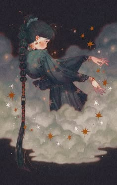 a painting of a girl flying through the air with stars on her head and arms