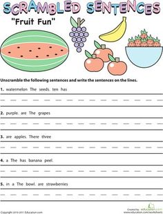 a worksheet with the words scrambled sentences and fruit fun for kids to learn