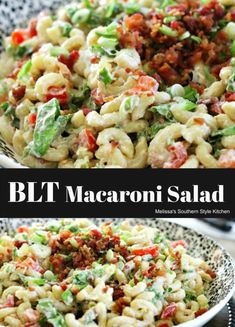 macaroni salad with bacon and lettuce in a bowl