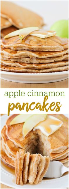 apple cinnamon pancakes on a white plate with apples and butter in the background text reads, apple cinnamon pancakes