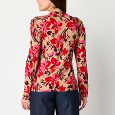 This Liz Claiborne women's top features a bold floral pattern against a soft neutral background. It's made from soft jersey for a regular-fit with a mock neck and long fitted sleeves. Wear it with pants and heels or tuck it into a pencil skirt for a dressy look. Closure Type: Pullover HeadFit: Regular FitNeckline: Mock NeckSleeve Length: Long SleeveSleeve Style: Fitted SleeveApparel Length: 27 InchesFiber Content: 95% Rayon, 5% SpandexFabric Description: JerseyCare: Machine Wash, Tumble DryCoun… Versatile Floral Print Spring Tops, Stretch Floral Print Tops For Work, Floral Print Stretch Tops For Work, Beige Floral Print Tops For Fall, Fall Floral Print Beige Tops, Fitted Floral Print Tops For Work, Versatile Long Sleeve Top With Floral Print, Fitted Beige Floral Print Top, Neutral Background