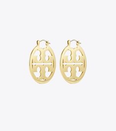 Small Miller Hoop Earring: Women's Designer Earrings | Tory Burch Luxury Jewelry With Metal Logo, Modern Hoop Earrings With Gold-tone Hardware, Classic Tan Jewelry, Lug Boots, Tory Burch Earrings, Clover Earrings, Pearl Drop Earrings, Pearl Drop, Designer Jewelry