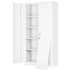 an open white cabinet with shelves and paper