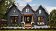 a gray house with lots of windows and steps leading to the front door is surrounded by greenery