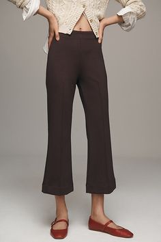 Meet Margot, a so-sleek high-rise pair boasting a kicky flare, flattering high-rise, and star-studded reviews. | The Margot Kick-Flare Cropped Pants by Maeve: Textured Edition in Brown, Women's, Size: Largearge, Nylon/Viscose/Elastane at Anthropologie Straight Leg Flares For Workwear In Fall, Wide-leg Flares For Night Out In Fall, Elegant Wide-leg Flares For Fall Night Out, Elegant Fall Flares For Night Out, Fall Wide-leg Flares For Night Out, Flare Bottoms For Fall, Fall Workwear Full-length Flares, High-waisted Flares For Workwear In Fall, Fall High-waisted Flares For Work