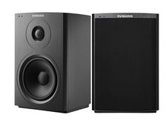 two speakers are shown side by side on a white background, one is black and the other is silver