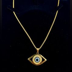 Nwot Evil Blue Eye Necklace. Never Fade Stainless Steel. Chain 19.69”. Pendant 1.38”X0.9”. Blue Jewelry With Chain And Round Pendant, Blue Round Pendant Jewelry With Chain, Blue Round Pendant Chain Jewelry, Blue Jewelry With Round Pendant Chain, Elegant Blue Necklace With Gold Chain, Blue Metal Charm Necklace With Adjustable Chain, Blue Pendant Chain Necklace With Clavicle Chain, Blue Pendant Clavicle Chain Necklace, Blue Pendant Chain Necklace With Adjustable Chain