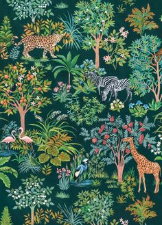 an image of a jungle scene with zebras, giraffes and other animals