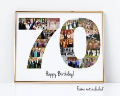 a 70th birthday card with the number seventy and pictures of people in formal dress are shown