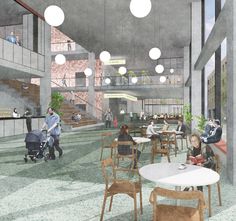 an artist's rendering of the inside of a building with people sitting at tables