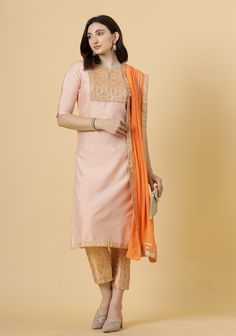 Our exquisitely crafted silk suits, designed for women who desire a blend of sophistication, luxury, and style. These stunning ensembles promise to elevate your evening wear, ensuring you shine with timeless elegance at any event. Details: Fabric: Cotton Silk Color: Peach                                                                                               Top Type: Straight Kurti Neck/ Neckline: Round Neck Top Pattern Detail: Gotta Work Sleeve Detail: 3/4th Sleeves Bottom Type: Palazzo Kurti Sets, Straight Kurti, Silk Suits, Peach Top, Gotta Work, Kurti Neck, Silk Suit, Festive Wear, Silk Pants